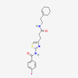molecular formula C21H24FN3O2S B2412158 N-(4-(3-((2-(cyclohex-1-en-1-yl)ethyl)amino)-3-oxopropyl)thiazol-2-yl)-4-fluorobenzamide CAS No. 1021255-57-1