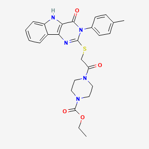 molecular formula C26H27N5O4S B2412287 ethyl 4-(2-((4-oxo-3-(p-tolyl)-4,5-dihydro-3H-pyrimido[5,4-b]indol-2-yl)thio)acetyl)piperazine-1-carboxylate CAS No. 536704-43-5
