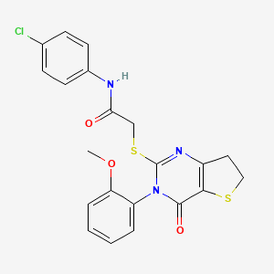 molecular formula C21H18ClN3O3S2 B2412319 N-(4-chlorophenyl)-2-((3-(2-methoxyphenyl)-4-oxo-3,4,6,7-tetrahydrothieno[3,2-d]pyrimidin-2-yl)thio)acetamide CAS No. 850915-40-1