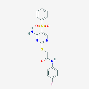 molecular formula C18H15FN4O3S2 B2412396 2-{[4-amino-5-(benzenesulfonyl)pyrimidin-2-yl]sulfanyl}-N-(4-fluorophenyl)acetamide CAS No. 2097925-38-5