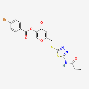 molecular formula C18H14BrN3O5S2 B2412398 4-oxo-6-(((5-propionamido-1,3,4-thiadiazol-2-yl)thio)methyl)-4H-pyran-3-yl 4-bromobenzoate CAS No. 896018-62-5