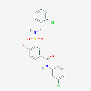 molecular formula C20H15Cl2FN2O3S B2412443 N-(3-chlorophenyl)-3-{[(2-chlorophenyl)methyl]sulfamoyl}-4-fluorobenzamide CAS No. 451477-12-6