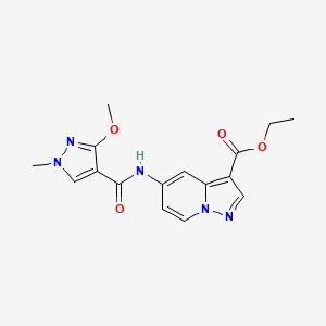molecular formula C16H17N5O4 B2412579 ethyl 5-(3-methoxy-1-methyl-1H-pyrazole-4-carboxamido)pyrazolo[1,5-a]pyridine-3-carboxylate CAS No. 1396872-68-6