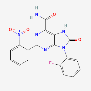 molecular formula C18H11FN6O4 B2412609 9-(2-fluorophenyl)-2-(2-nitrophenyl)-8-oxo-8,9-dihydro-7H-purine-6-carboxamide CAS No. 898441-85-5