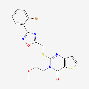 molecular formula C18H15BrN4O3S2 B2412628 2-(((3-(2-bromophenyl)-1,2,4-oxadiazol-5-yl)methyl)thio)-3-(2-methoxyethyl)thieno[3,2-d]pyrimidin-4(3H)-one CAS No. 1223985-92-9