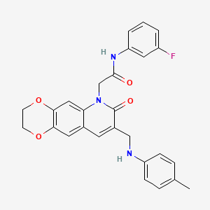 molecular formula C27H24FN3O4 B2412633 N-(3-fluorophenyl)-2-(7-oxo-8-((p-tolylamino)methyl)-2,3-dihydro-[1,4]dioxino[2,3-g]quinolin-6(7H)-yl)acetamide CAS No. 932358-56-0