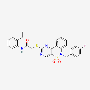 molecular formula C27H23FN4O3S2 B2412648 N-(2-ethylphenyl)-2-({9-[(4-fluorophenyl)methyl]-8,8-dioxo-8lambda6-thia-3,5,9-triazatricyclo[8.4.0.0^{2,7}]tetradeca-1(14),2(7),3,5,10,12-hexaen-4-yl}sulfanyl)acetamide CAS No. 895098-33-6