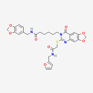 molecular formula C30H30N4O8S B2412750 N-[(2H-1,3-benzodioxol-5-yl)methyl]-6-{6-[({[(furan-2-yl)methyl]carbamoyl}methyl)sulfanyl]-8-oxo-2H,7H,8H-[1,3]dioxolo[4,5-g]quinazolin-7-yl}hexanamide CAS No. 688061-31-6