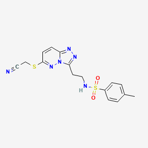 molecular formula C16H16N6O2S2 B2412756 N-(2-{6-[(cyanomethyl)sulfanyl]-[1,2,4]triazolo[4,3-b]pyridazin-3-yl}ethyl)-4-methylbenzene-1-sulfonamide CAS No. 872998-43-1