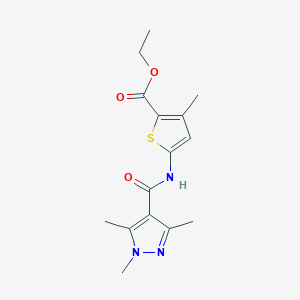 molecular formula C15H19N3O3S B2412816 3-甲基-5-(1,3,5-三甲基-1H-吡唑-4-甲酰胺)噻吩-2-甲酸乙酯 CAS No. 2034352-95-7