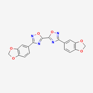 molecular formula C18H10N4O6 B2412828 3,3'-Bis(1,3-benzodioxol-5-yl)-5,5'-bi-1,2,4-oxadiazole CAS No. 1775562-83-8