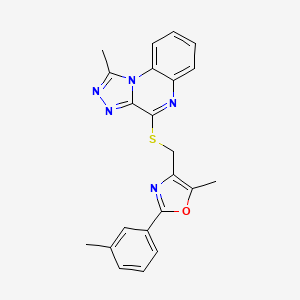 molecular formula C22H19N5OS B2412911 5-Methyl-4-(((1-methyl-[1,2,4]triazolo[4,3-a]quinoxalin-4-yl)thio)methyl)-2-(m-tolyl)oxazole CAS No. 1031989-09-9