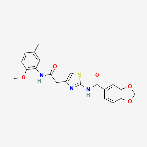 molecular formula C21H19N3O5S B2413070 N-(4-(2-((2-methoxy-5-methylphenyl)amino)-2-oxoethyl)thiazol-2-yl)benzo[d][1,3]dioxole-5-carboxamide CAS No. 941947-68-8