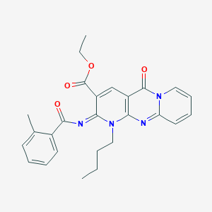 molecular formula C26H26N4O4 B2413162 ethyl 7-butyl-6-(2-methylbenzoyl)imino-2-oxo-1,7,9-triazatricyclo[8.4.0.03,8]tetradeca-3(8),4,9,11,13-pentaene-5-carboxylate CAS No. 534567-51-6