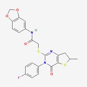 molecular formula C22H18FN3O4S2 B2413363 N-(2H-1,3-benzodioxol-5-yl)-2-{[3-(4-fluorophenyl)-6-methyl-4-oxo-3H,4H,6H,7H-thieno[3,2-d]pyrimidin-2-yl]sulfanyl}acetamide CAS No. 862825-55-6