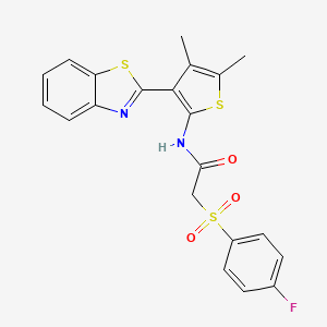 molecular formula C21H17FN2O3S3 B2413496 N-(3-(benzo[d]thiazol-2-yl)-4,5-dimethylthiophen-2-yl)-2-((4-fluorophenyl)sulfonyl)acetamide CAS No. 886960-66-3