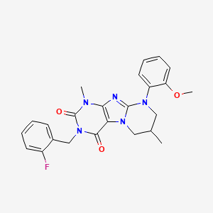 molecular formula C24H24FN5O3 B2413600 3-[(2-fluorophenyl)methyl]-9-(2-methoxyphenyl)-1,7-dimethyl-1H,2H,3H,4H,6H,7H,8H,9H-pyrimido[1,2-g]purine-2,4-dione CAS No. 872628-35-8
