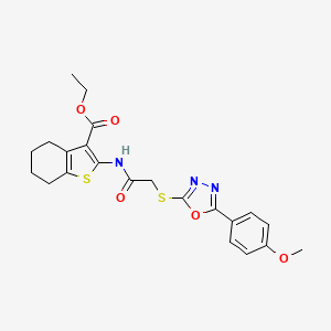 molecular formula C22H23N3O5S2 B2413840 Ethyl 2-(2-((5-(4-methoxyphenyl)-1,3,4-oxadiazol-2-yl)thio)acetamido)-4,5,6,7-tetrahydrobenzo[b]thiophene-3-carboxylate CAS No. 501111-52-0