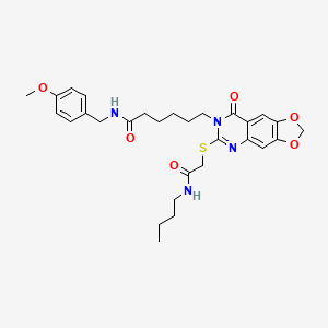 molecular formula C29H36N4O6S B2413910 6-(6-{[(butylcarbamoyl)methyl]sulfanyl}-8-oxo-2H,7H,8H-[1,3]dioxolo[4,5-g]quinazolin-7-yl)-N-[(4-methoxyphenyl)methyl]hexanamide CAS No. 688061-00-9