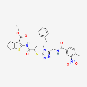 molecular formula C32H34N6O6S2 B2413940 ethyl 2-{2-[(5-{[(4-methyl-3-nitrophenyl)formamido]methyl}-4-(2-phenylethyl)-4H-1,2,4-triazol-3-yl)sulfanyl]propanamido}-4H,5H,6H-cyclopenta[b]thiophene-3-carboxylate CAS No. 393819-69-7
