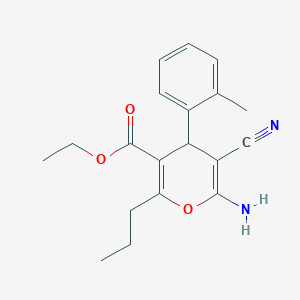 molecular formula C19H22N2O3 B2413943 ethyl 6-amino-5-cyano-4-(2-methylphenyl)-2-propyl-4H-pyran-3-carboxylate CAS No. 865612-64-2