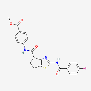 molecular formula C22H18FN3O4S B2414178 methyl 4-(2-(4-fluorobenzamido)-5,6-dihydro-4H-cyclopenta[d]thiazole-4-carboxamido)benzoate CAS No. 942004-92-4