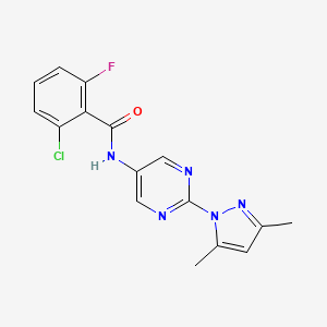 molecular formula C16H13ClFN5O B2414438 2-chloro-N-(2-(3,5-dimethyl-1H-pyrazol-1-yl)pyrimidin-5-yl)-6-fluorobenzamide CAS No. 1421458-19-6