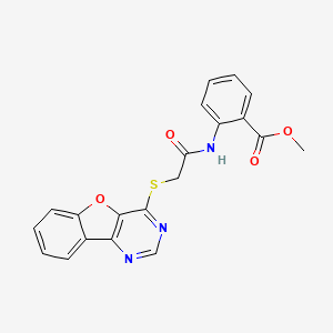 molecular formula C20H15N3O4S B2414461 Methyl 2-(2-(benzofuro[3,2-d]pyrimidin-4-ylthio)acetamido)benzoate CAS No. 862105-39-3