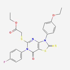 molecular formula C23H20FN3O4S3 B2414530 ethyl 2-{[3-(4-ethoxyphenyl)-6-(4-fluorophenyl)-7-oxo-2-sulfanylidene-2H,3H,6H,7H-[1,3]thiazolo[4,5-d]pyrimidin-5-yl]sulfanyl}acetate CAS No. 422299-83-0