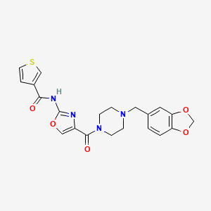 molecular formula C21H20N4O5S B2414671 N-(4-(4-(benzo[d][1,3]dioxol-5-ylmethyl)piperazine-1-carbonyl)oxazol-2-yl)thiophene-3-carboxamide CAS No. 1351644-78-4