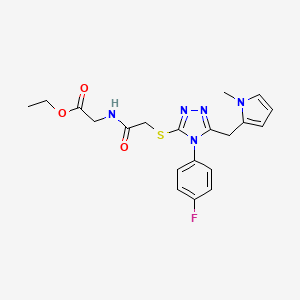 molecular formula C20H22FN5O3S B2414682 ethyl 2-(2-((4-(4-fluorophenyl)-5-((1-methyl-1H-pyrrol-2-yl)methyl)-4H-1,2,4-triazol-3-yl)thio)acetamido)acetate CAS No. 847394-07-4