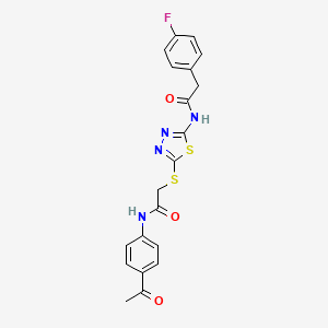 molecular formula C20H17FN4O3S2 B2414750 N-(4-acetylphenyl)-2-((5-(2-(4-fluorophenyl)acetamido)-1,3,4-thiadiazol-2-yl)thio)acetamide CAS No. 868977-27-9