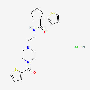 molecular formula C21H28ClN3O2S2 B2414782 1-(thiophen-2-yl)-N-(2-(4-(thiophene-2-carbonyl)piperazin-1-yl)ethyl)cyclopentanecarboxamide hydrochloride CAS No. 1351642-74-4
