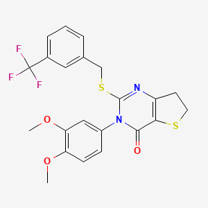 molecular formula C22H19F3N2O3S2 B2414850 3-(3,4-dimethoxyphenyl)-2-((3-(trifluoromethyl)benzyl)thio)-6,7-dihydrothieno[3,2-d]pyrimidin-4(3H)-one CAS No. 877656-36-5