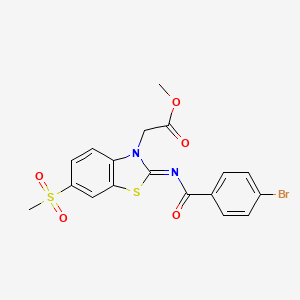 molecular formula C18H15BrN2O5S2 B2414994 Methyl 2-[2-(4-bromobenzoyl)imino-6-methylsulfonyl-1,3-benzothiazol-3-yl]acetate CAS No. 897734-23-5