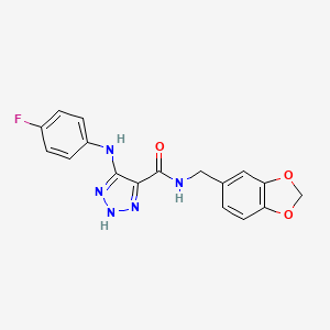 molecular formula C17H14FN5O3 B2415015 N-(1,3-benzodioxol-5-ylmethyl)-5-[(4-fluorophenyl)amino]-1H-1,2,3-triazole-4-carboxamide CAS No. 1207001-08-8