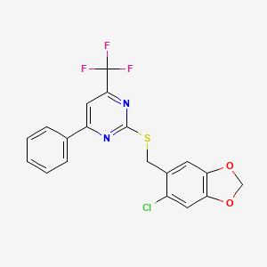 molecular formula C19H12ClF3N2O2S B2415181 2-{[(6-CHLORO-2H-1,3-BENZODIOXOL-5-YL)METHYL]SULFANYL}-4-PHENYL-6-(TRIFLUOROMETHYL)PYRIMIDINE CAS No. 710289-06-8