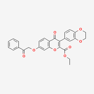 molecular formula C28H22O8 B2415334 ethyl 3-(2,3-dihydrobenzo[b][1,4]dioxin-6-yl)-4-oxo-7-(2-oxo-2-phenylethoxy)-4H-chromene-2-carboxylate CAS No. 672268-42-7
