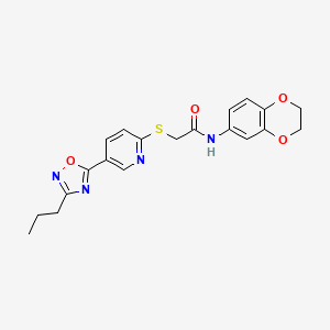 molecular formula C20H20N4O4S B2415499 N-(2,3-dihydrobenzo[b][1,4]dioxin-6-yl)-2-((5-(3-propyl-1,2,4-oxadiazol-5-yl)pyridin-2-yl)thio)acetamide CAS No. 1251630-54-2