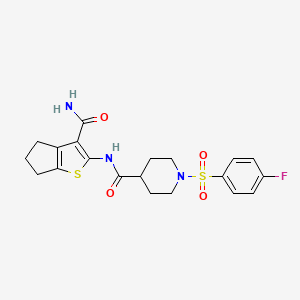molecular formula C20H22FN3O4S2 B2415527 N-(3-carbamoyl-5,6-dihydro-4H-cyclopenta[b]thiophen-2-yl)-1-((4-fluorophenyl)sulfonyl)piperidine-4-carboxamide CAS No. 923508-28-5
