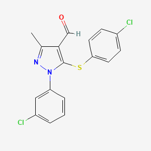 molecular formula C17H12Cl2N2OS B2415639 1-(3-chlorophenyl)-5-[(4-chlorophenyl)thio]-3-methyl-1H-pyrazole-4-carbaldehyde CAS No. 895881-67-1