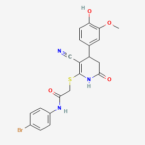 molecular formula C21H18BrN3O4S B2415763 N-(4-bromophenyl)-2-{[3-cyano-4-(4-hydroxy-3-methoxyphenyl)-6-oxo-1,4,5,6-tetrahydropyridin-2-yl]sulfanyl}acetamide CAS No. 332051-76-0