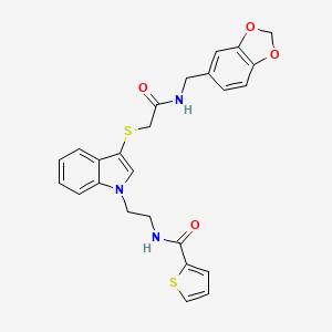 molecular formula C25H23N3O4S2 B2415868 N-(2-(3-((2-((benzo[d][1,3]dioxol-5-ylmethyl)amino)-2-oxoethyl)thio)-1H-indol-1-yl)ethyl)thiophene-2-carboxamide CAS No. 862826-08-2