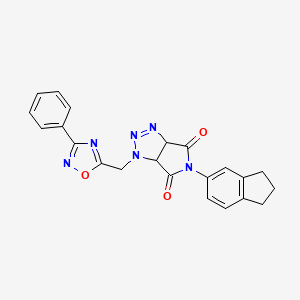 molecular formula C22H18N6O3 B2415980 5-(2,3-dihydro-1H-inden-5-yl)-1-((3-phenyl-1,2,4-oxadiazol-5-yl)methyl)-1,6a-dihydropyrrolo[3,4-d][1,2,3]triazole-4,6(3aH,5H)-dione CAS No. 1171023-79-2