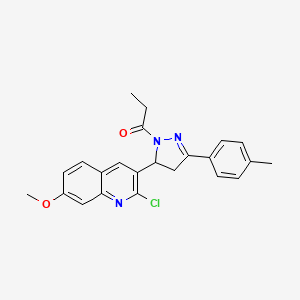 molecular formula C23H22ClN3O2 B2416310 1-(5-(2-chloro-7-methoxyquinolin-3-yl)-3-(p-tolyl)-4,5-dihydro-1H-pyrazol-1-yl)propan-1-one CAS No. 442649-41-4