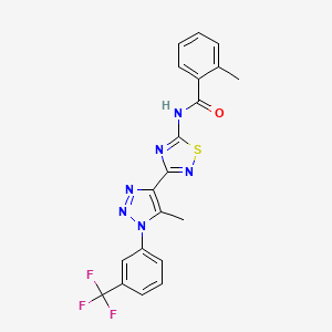 molecular formula C20H15F3N6OS B2416770 2-methyl-N-(3-(5-methyl-1-(3-(trifluoromethyl)phenyl)-1H-1,2,3-triazol-4-yl)-1,2,4-thiadiazol-5-yl)benzamide CAS No. 932350-26-0