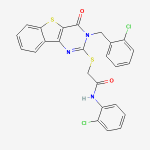 molecular formula C25H17Cl2N3O2S2 B2416807 N-(2-chlorophenyl)-2-({5-[(2-chlorophenyl)methyl]-6-oxo-8-thia-3,5-diazatricyclo[7.4.0.0^{2,7}]trideca-1(9),2(7),3,10,12-pentaen-4-yl}sulfanyl)acetamide CAS No. 866015-60-3