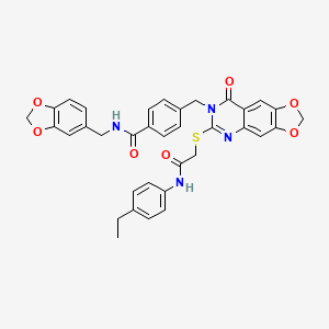 molecular formula C35H30N4O7S B2416943 N-[(2H-1,3-benzodioxol-5-yl)methyl]-4-{[6-({[(4-ethylphenyl)carbamoyl]methyl}sulfanyl)-8-oxo-2H,7H,8H-[1,3]dioxolo[4,5-g]quinazolin-7-yl]methyl}benzamide CAS No. 688062-04-6