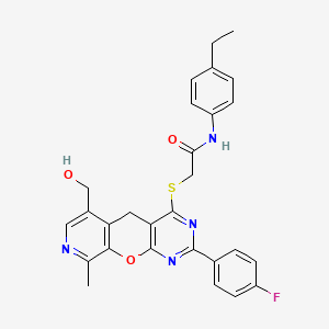 molecular formula C28H25FN4O3S B2417065 N-(4-ethylphenyl)-2-[[5-(4-fluorophenyl)-11-(hydroxymethyl)-14-methyl-2-oxa-4,6,13-triazatricyclo[8.4.0.03,8]tetradeca-1(10),3(8),4,6,11,13-hexaen-7-yl]sulfanyl]acetamide CAS No. 892385-75-0