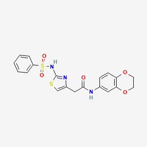 molecular formula C19H17N3O5S2 B2417103 N-(2,3-dihydrobenzo[b][1,4]dioxin-6-yl)-2-(2-(phenylsulfonamido)thiazol-4-yl)acetamide CAS No. 922130-49-2